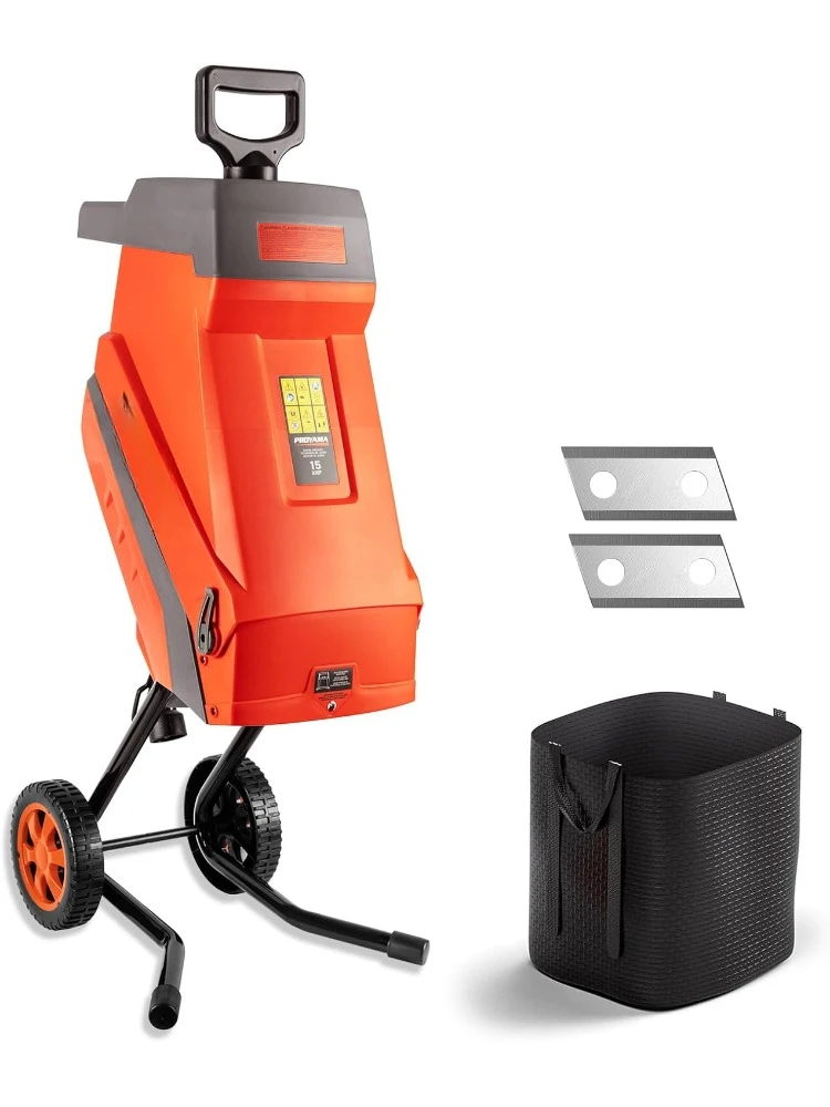 収集バッグとプッシュスティック付きの電気コード付きシュレッダー、両面ブレードシステム、自動シャットオフウッドチッパー、15アンペア