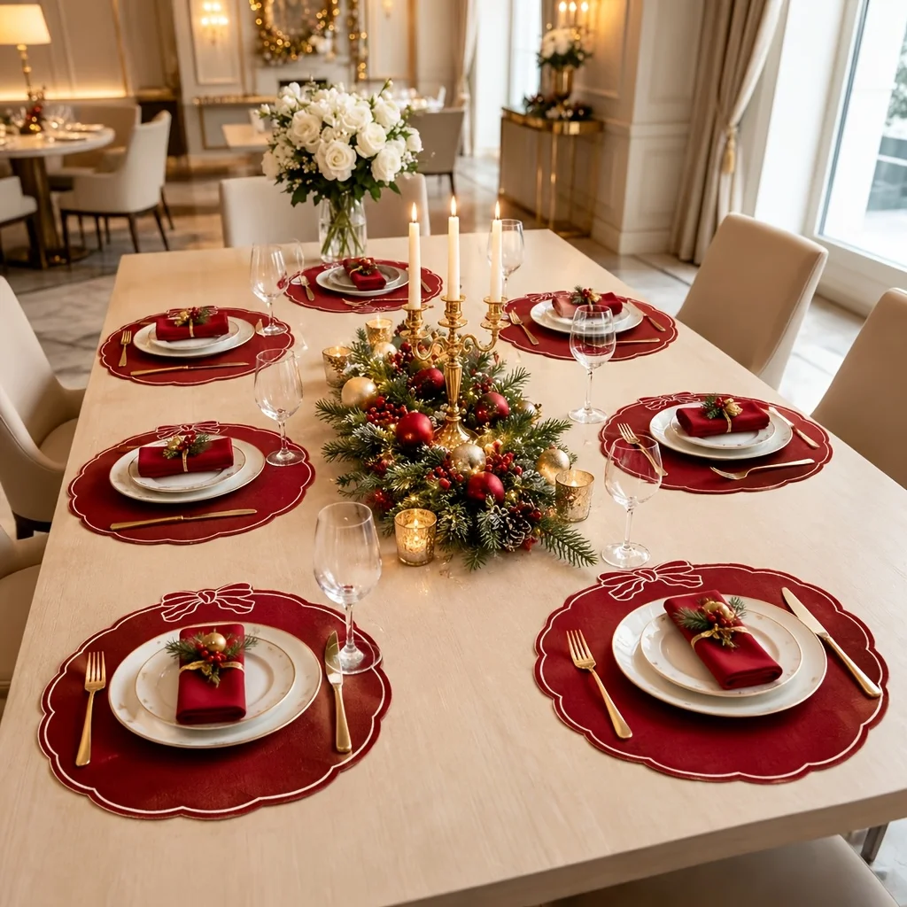 VIKAMA Solid Red Wavy Edge Round Placemat, Non Slip Washable Heat Resistant Dinner Mat, Xmas Holiday Kitchen Dining Decor