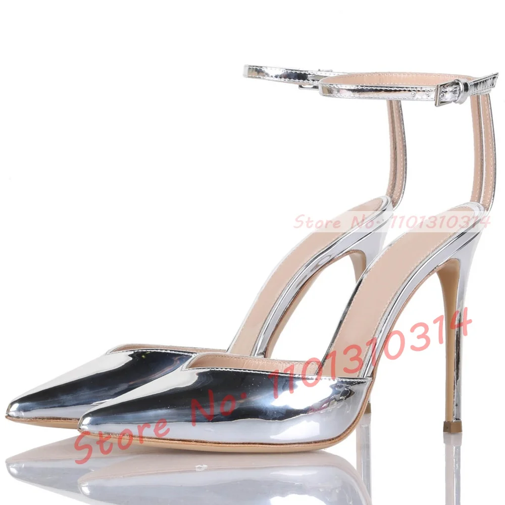 Nude Patent Leather Pointy Toe Sandals Women Casual Thin High Heels Shoes Double Back Strap Party Elegant Silver Evening Sandals