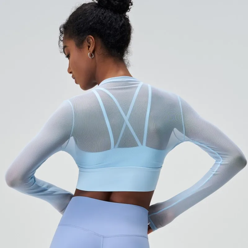 2024 Women High Elasticity Jogging Commuting Gym Fake Two Pieces Quakeproof Mesh Vests Yoga Fitness Quick-dry Long Sleeve Tops