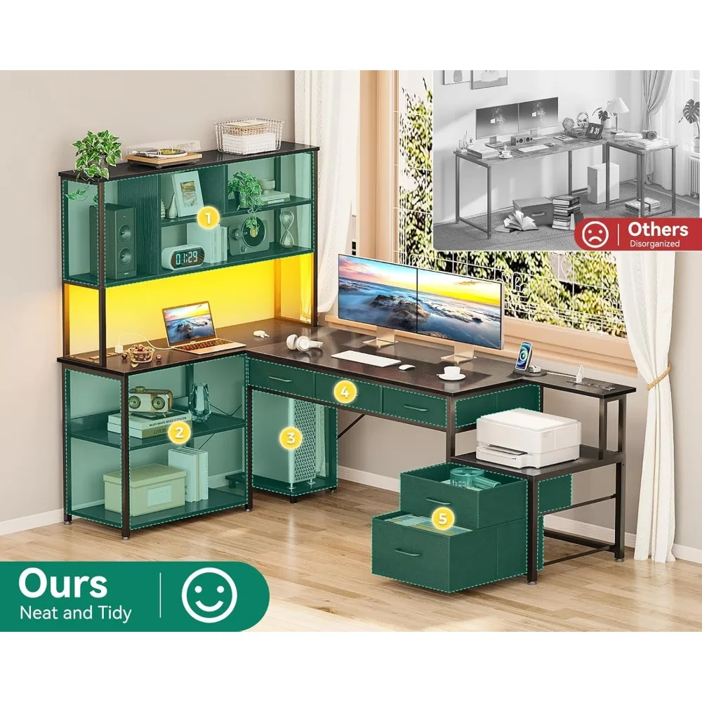 71 inch L Shaped Desk with File Drawers, Reversible L Shaped Gaming Desk with Power Outlets & LED Lights, Computer Desk