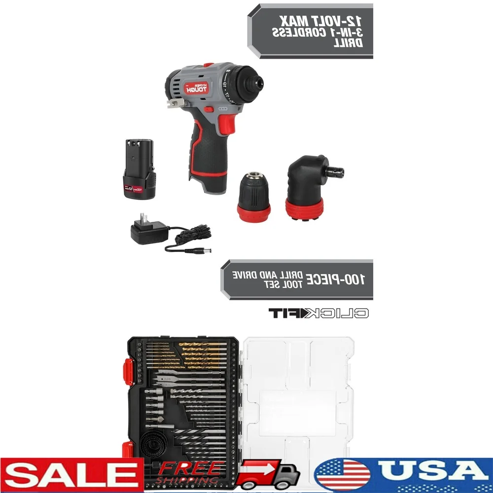

12V Max 3-in-1 Multi-Head Power Drill Set with 1.5Ah Battery Charger 100-Piece Tool Set Quick Release Bit Holder LED Light