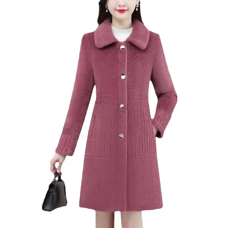 حار بيع موسم الشتاء سميكة طويلة سترة فرو الضأن معطف الصوف للأمهات والنساء في منتصف العمر البوليستر المألوف