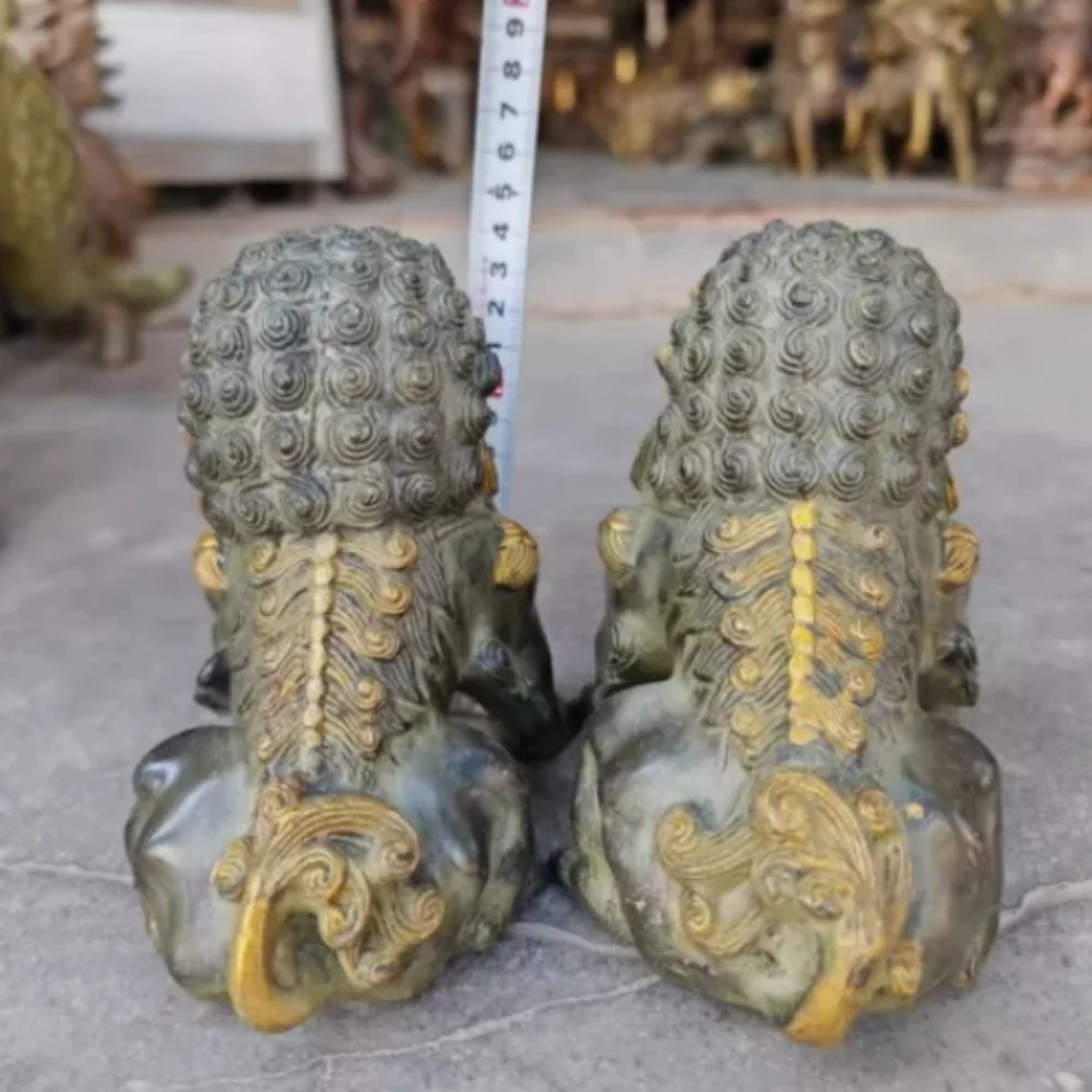 العتيقة القديمة الأسود البرونزية باب فنغشوي الحرس فو فو الكلاب تمثال الأسد زوج #3