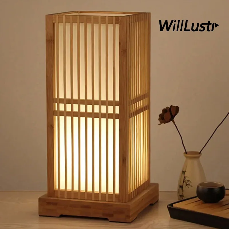 Handmade Bamboo Table Lamp Japan Style Desk Light Hotel Cafe Bistro Bar Restaurant Sitting Room Bedside Creative Wood Lighting