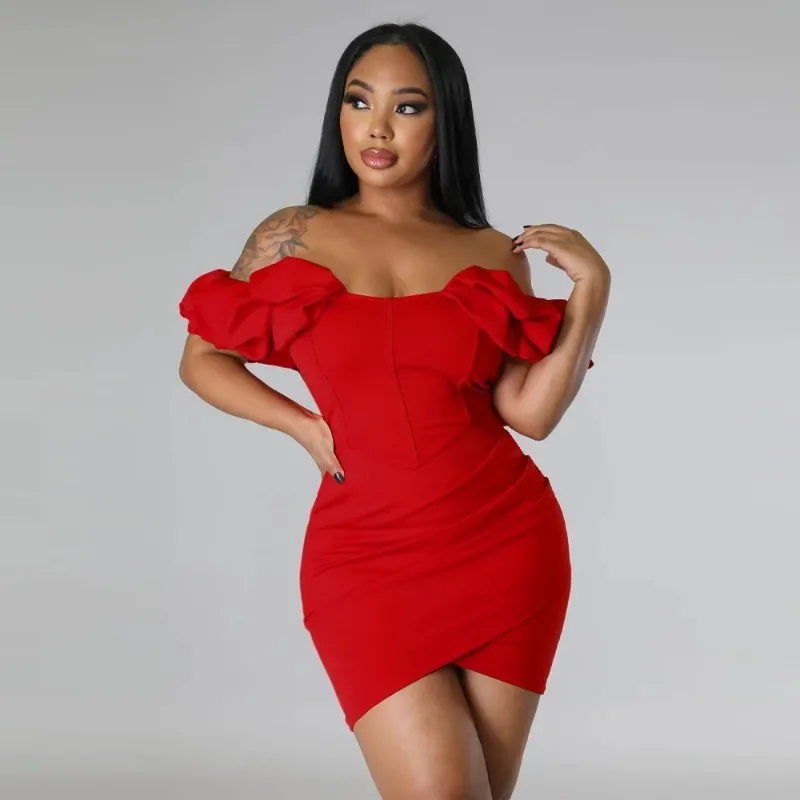 

GUWU Ruffless Short Sleeve Strapless Bodycon Mini Dress Women Summer Hollow Out Slim Sexy Party Evening Night Club Dresses