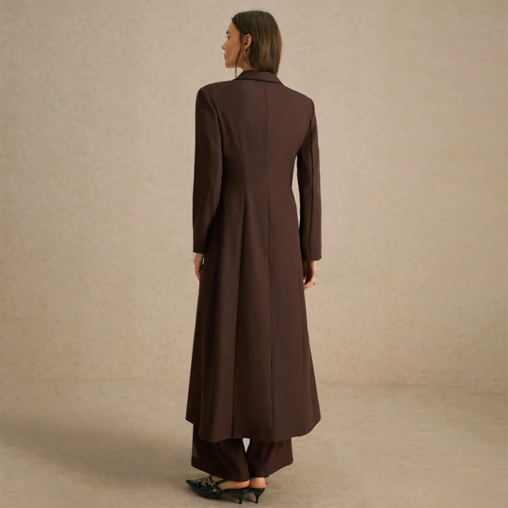 Fashion Burgundy Pants Sets 2 Piece Notch Lapel Single Breasted Long Blazer Suit Chic Casual Daily Women Suits (Coat+Pants)