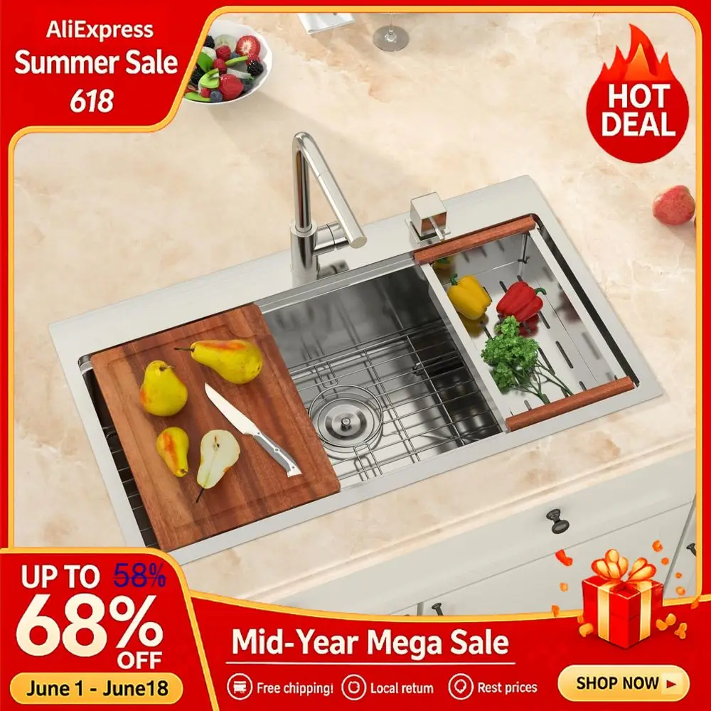 

Drop in Kitchen Sink Workstation 33 Inch Drop In Sinks Handmade 16 Stainless Steel Single Topmount Bowl 9" Deep Basin, Custom