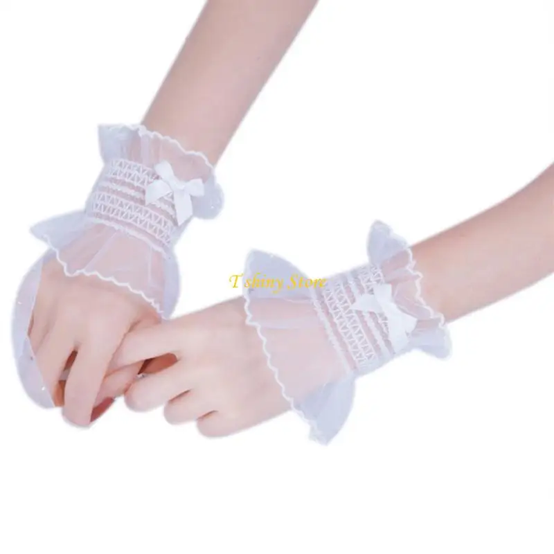 N58F Japanese Sweet Shirred Elastic Wrist Cuffs Color Ruffled Lace Trim Bowknot Bracelet Wristband Women Girls