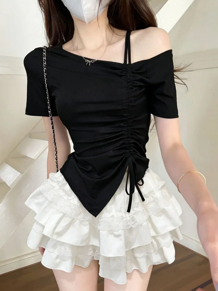 

Sexy Gentle Style Asymmetrical Shoulder Drawstring Lace Top And Short Skirt Two Piece Set Women's Fashion Spring Summer