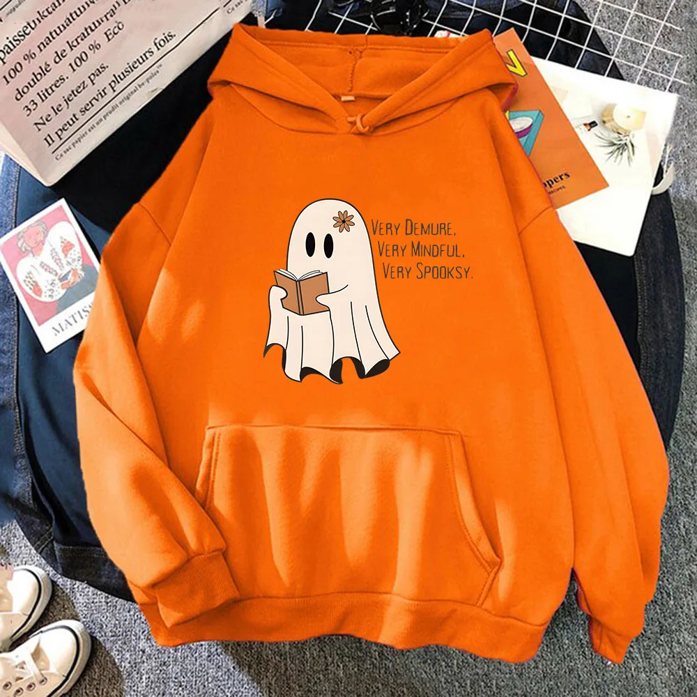 Cute Ghost with Book Hoodies Very Demure Very Mindful Sweatshirt Y2k Clothing Letter Print Sudaderas K Pop Streetwear Men Women