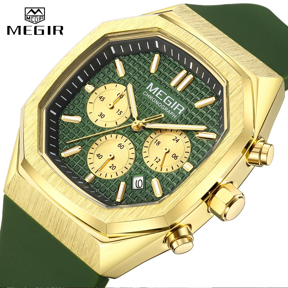 MEGIR ArmyGreen Sport Watches Men Military Chronograph Silicone Strap Quartz Wristwatch with Date Octagon Case Luminous Hands