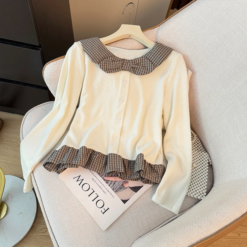 

Sweet Contrasting Bow Stitching Fake Two-Piece Shirt Women's Autumn 2025 Niche Ruffle Edge Single-Breasted Top