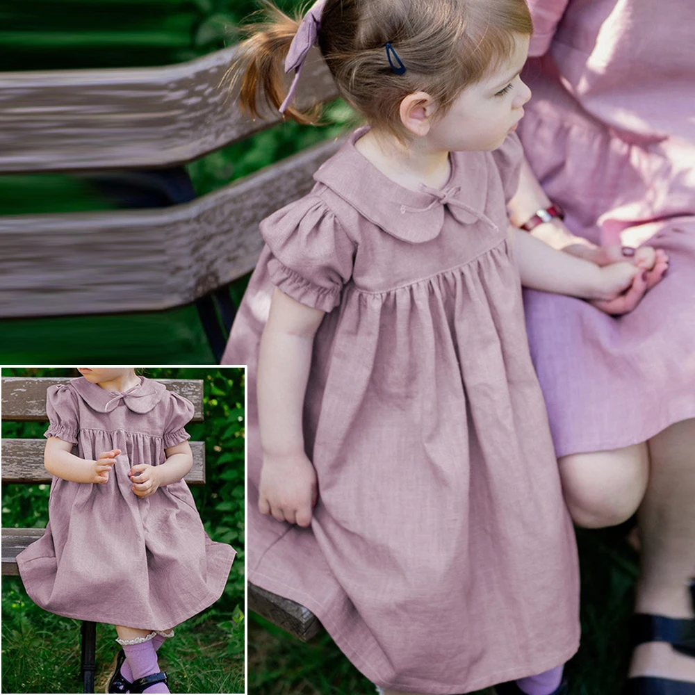 

High Quality Doll Collar Linen Dress Summer Girl Dress Solid Short Puff Sleeve Army Green Clothing Casual Infant Baby Loose Dres