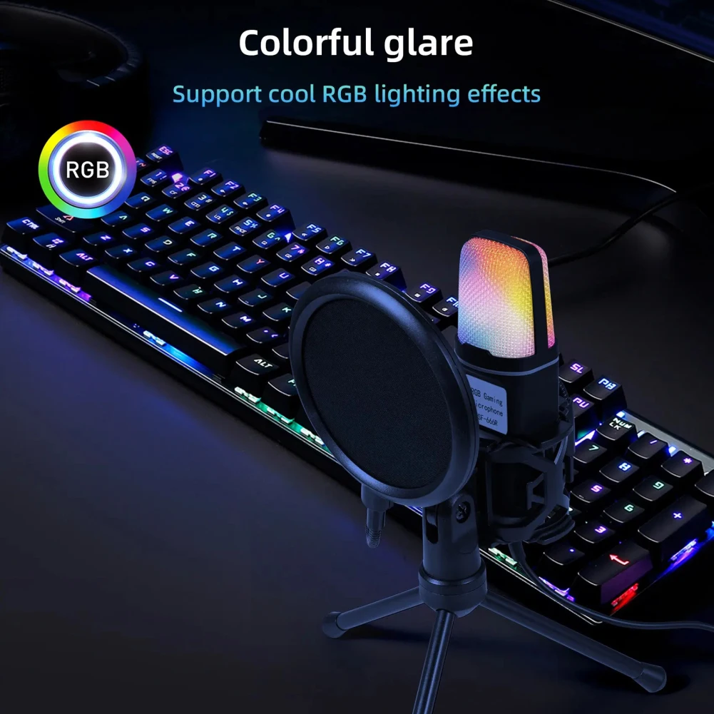 Micrófono de cable USB con reducción de ruido, Condensador RGB para juegos, entrevista, Vlogging, grabación de vídeo, Podcast, portátil, PC de escritorio