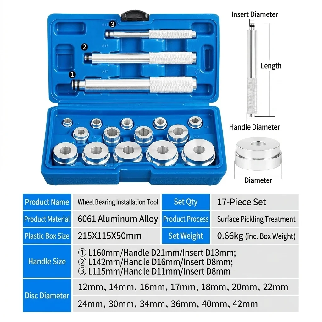 17Pcs Universal Wheel Bearing Race & Seal Driver Set Aluminum Alloy Bushing Installation Press Tool Kit for Cars Motorcycles