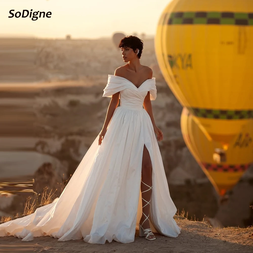 

SoDigne A-line Taffeta Bride Dresses Off Shoulder Simple Wedding Dress Split Long Bridal Gowns vestidos de novia Customized