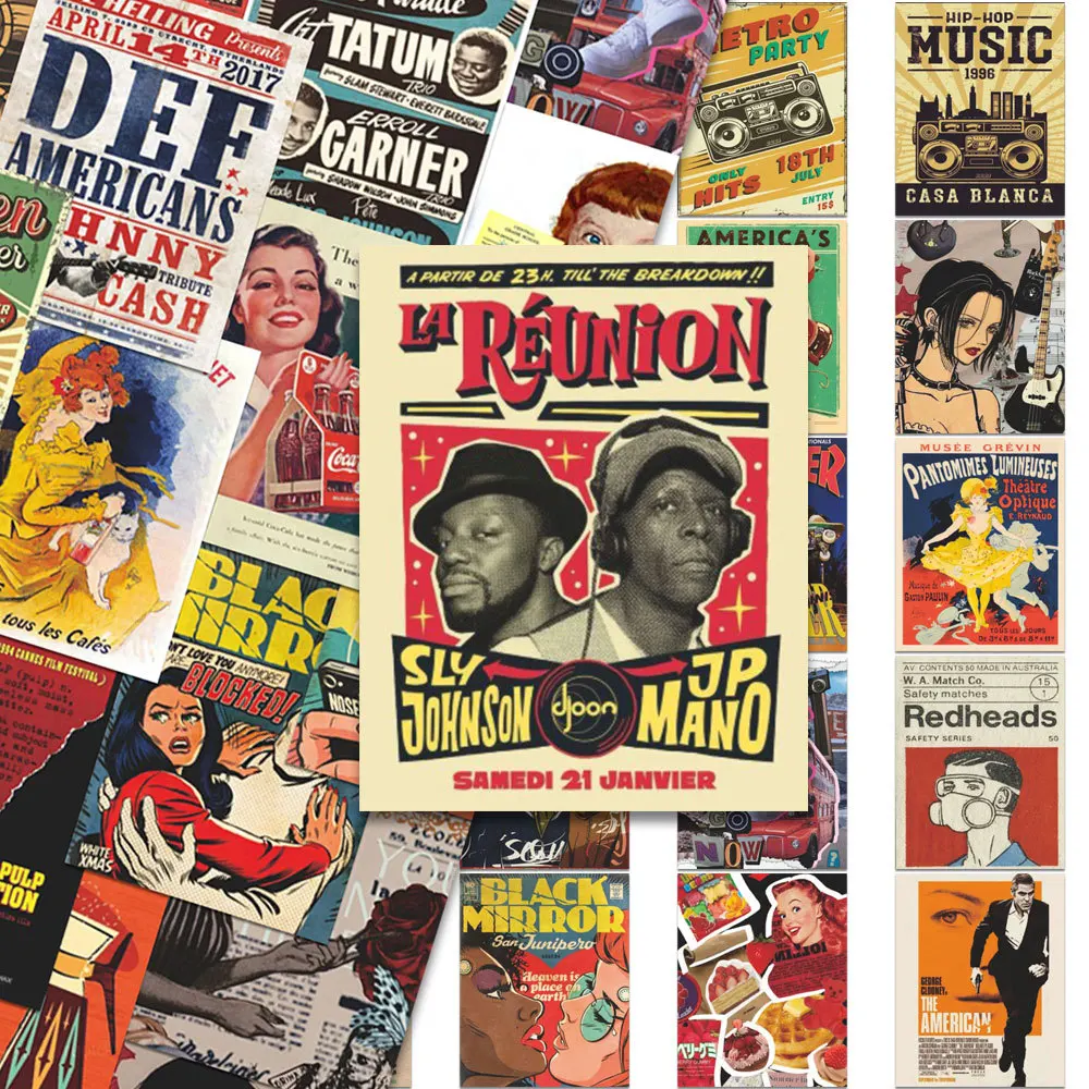 

64Pcs Retro American Style Vintage Poster Cartoon Stickers Mobile Phone, Sailing, and Far Voyage Stickers