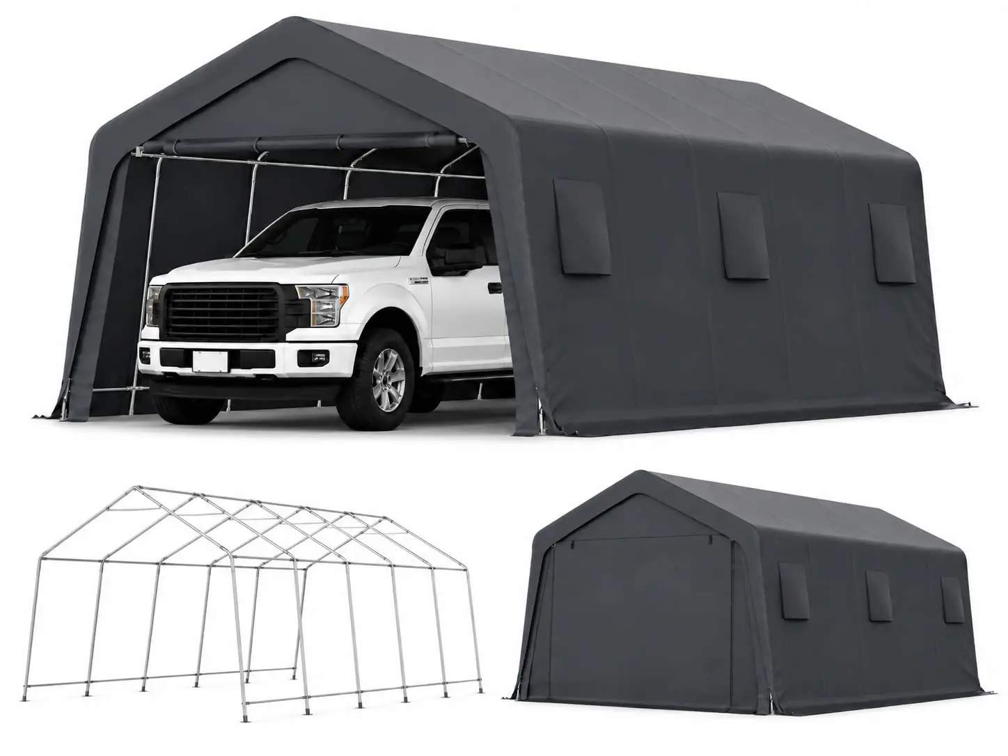 13x20 Ft Heavy Duty Carport with Galvanized Frame and Doors, Black | Removable zipper doors, vents, and PE canopy, Customized