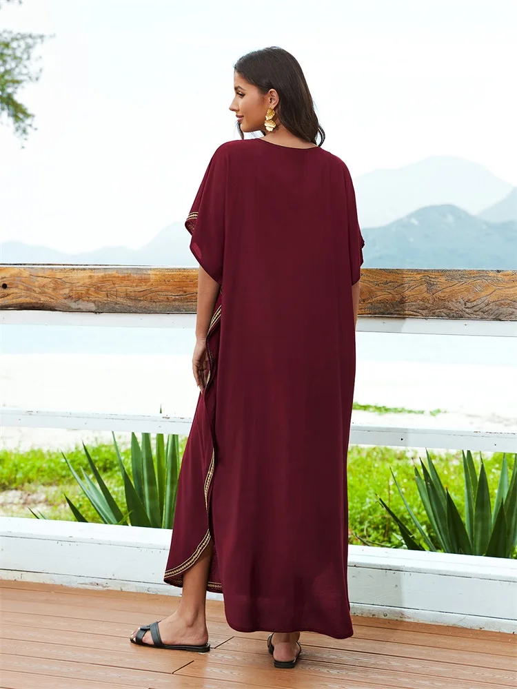 2024 Summer Red Embroidered Printed Bohemian V-neck Kaftan Loose Holiday Swimsuit Cover Up Women Causal Beach Maxi Dress Q1610