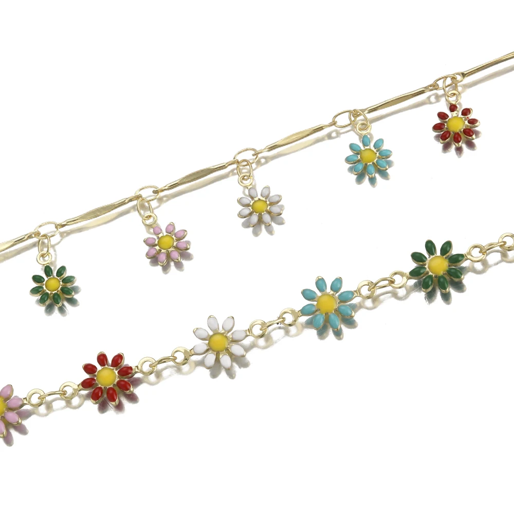 Brass Gold Plated Enamel Daisy Charms Flower Chain Sun Beaded Chains Bulk for DIY Necklace Bracelet Earrings Jewelry Making