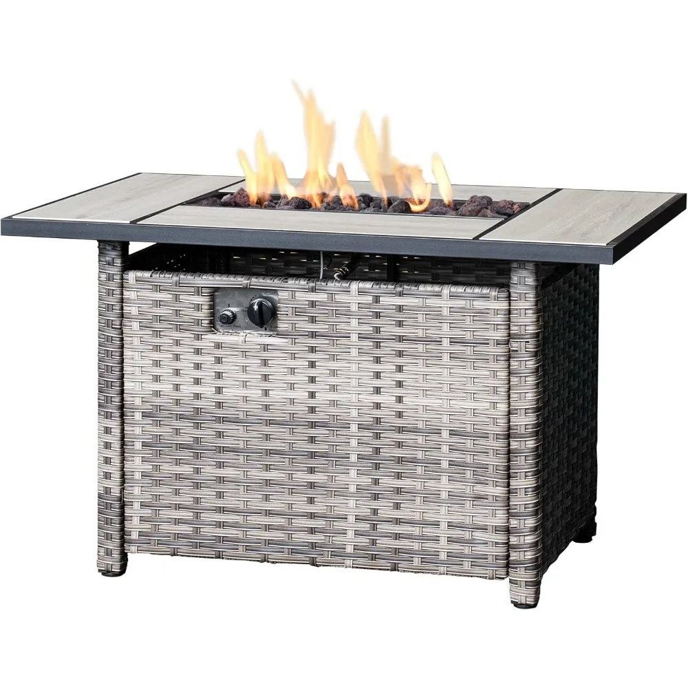 Fire Pit Table 42 inch Outdoor Rectangle Gas Fires Table with Lid, 50,000 BTU, Fire Pit Wicker Rattan Patio Dinning Tables