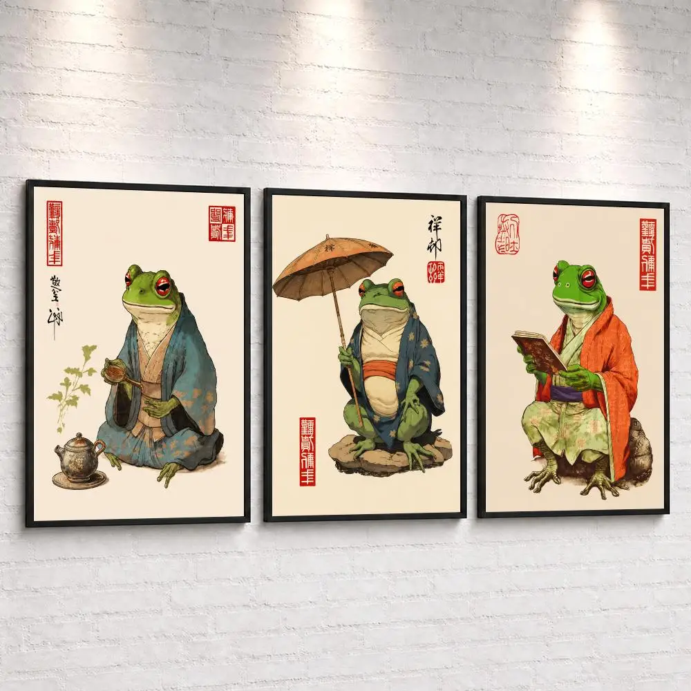 Japanese Frog Artwork Painting Calligraphy Canvas Poster Set Wall Artwork Prints for Bedroom Living Room Home Decor Gift