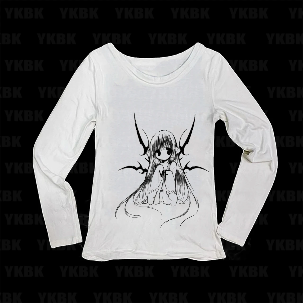 Women Long Sleeve T‑Shirt Gothic Dark Elf Demon Girl Manga Graphic Tops Y2K Grunge Anime Print O‑Neck Slim Fit Casual Tees