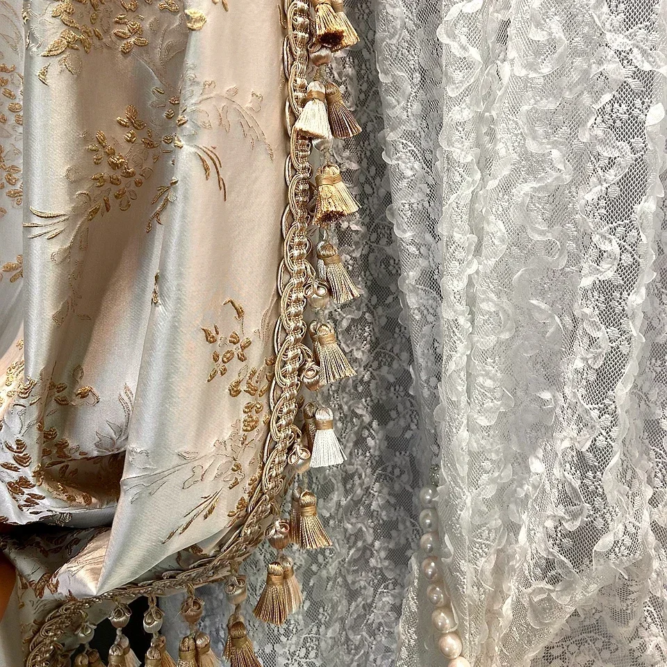 French Window Villa Customization Blue Grey Embossed Gold Thread Jacquard Thickened Blackout Curtains For Living Room Bedroom