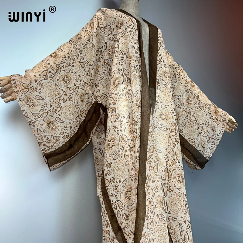 WINYI bohemian พิมพ์กิโมโน elegant kaftan beachwear maxi เสื้อสเวตเตอร์ถักชุดยาว abaya ดูไบหรูหรา cover-ups ชุดชายหาดผู้หญิง