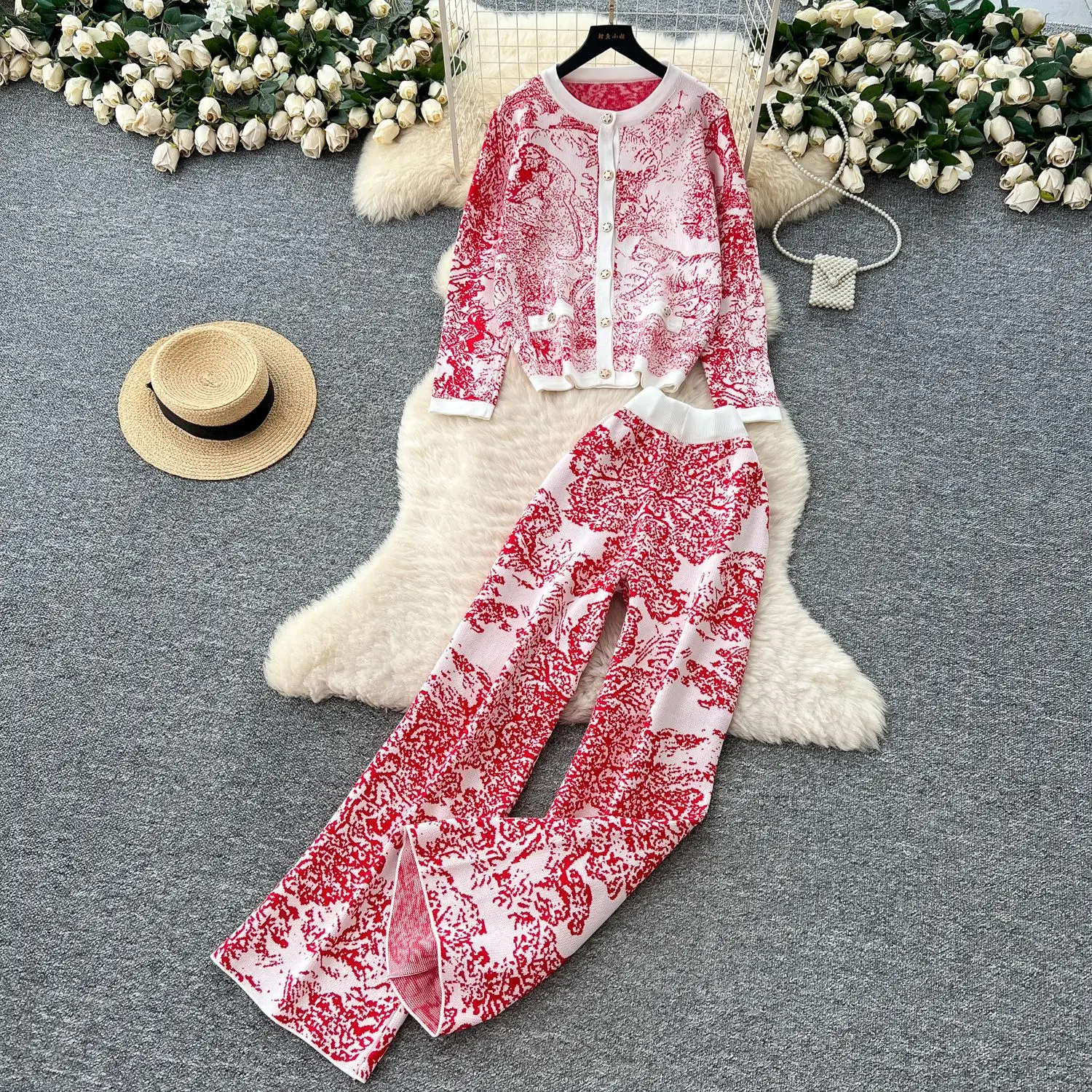 

Fashion Print Suit Women's Autumn Round Neck Long-sleeved Knitted Cardigan Jacket High Waist Wide Leg Trousers