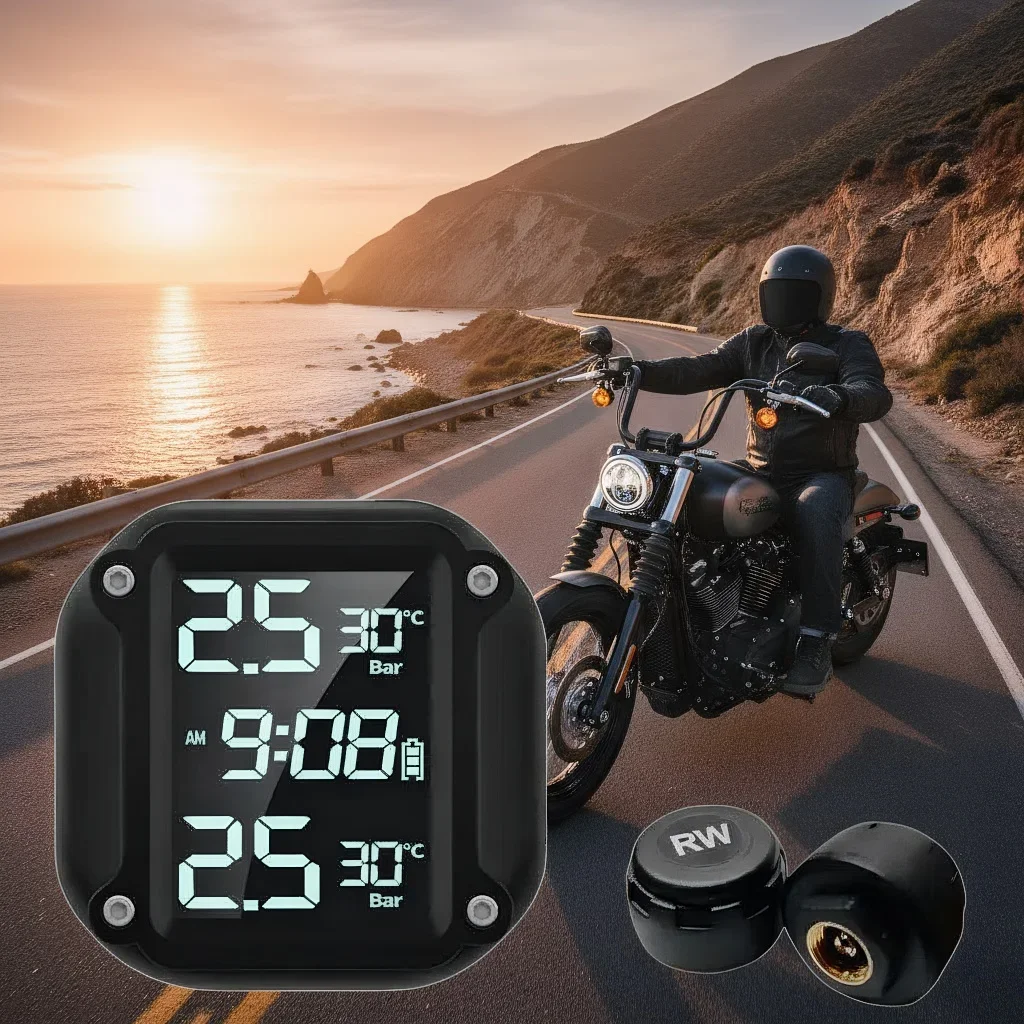 

Motorcycle Wireless TPMS Real Time Alerts Waterproof LCD Display External Sensors Tire Pressure Temperature Monitoring System