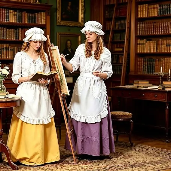 3pcs Women Pilgrim Costume Set Maid Peasant Colonial Farm Village Girl Costumes Pioneer Prairie Dress Cosplay Half Apron Shawl