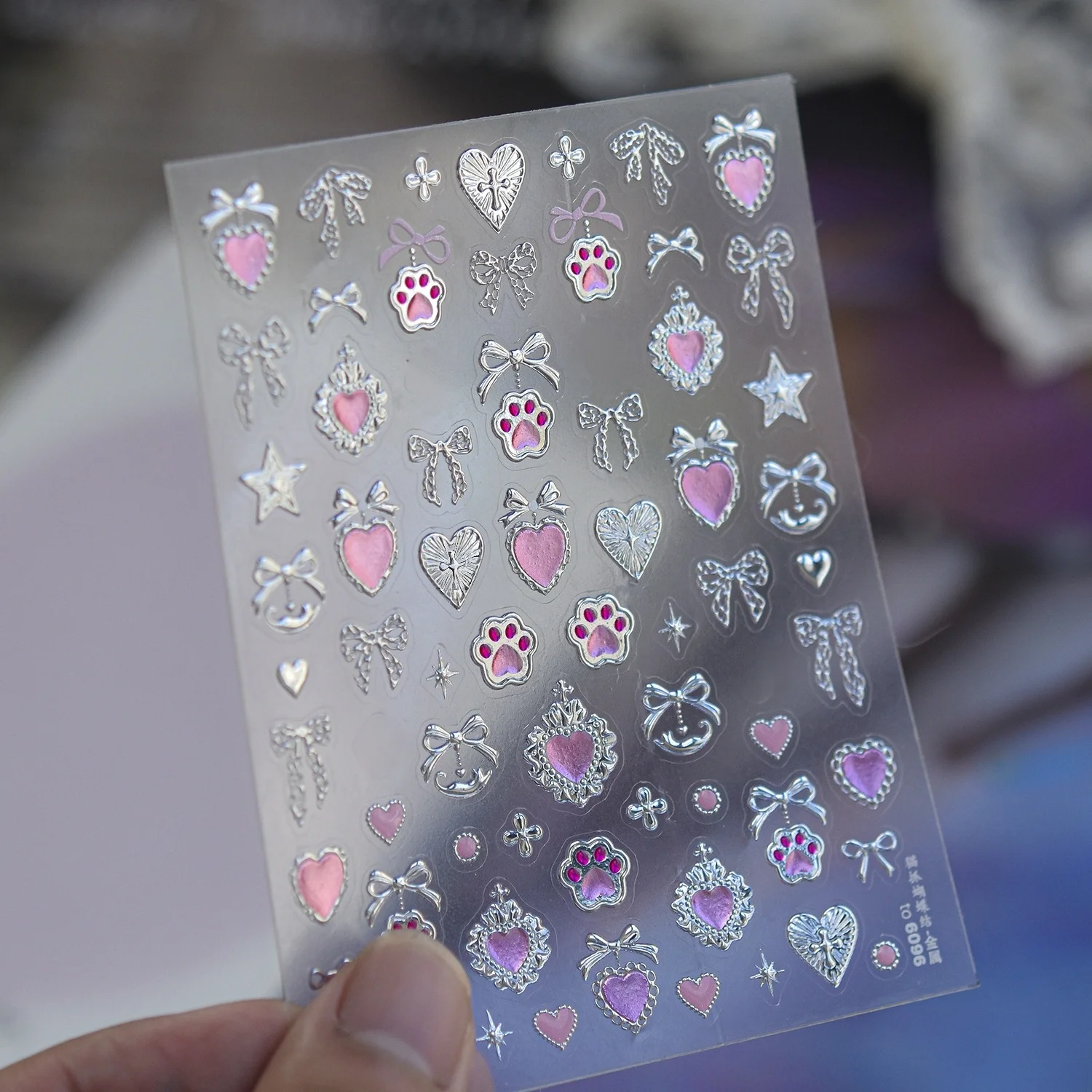 Sweet Cute 5D Nail Decals Silver Border Pink Love Heart Bow‑knot Ribbon Cat Paw Vintage Cross Pentagram Flower Nail Stickers