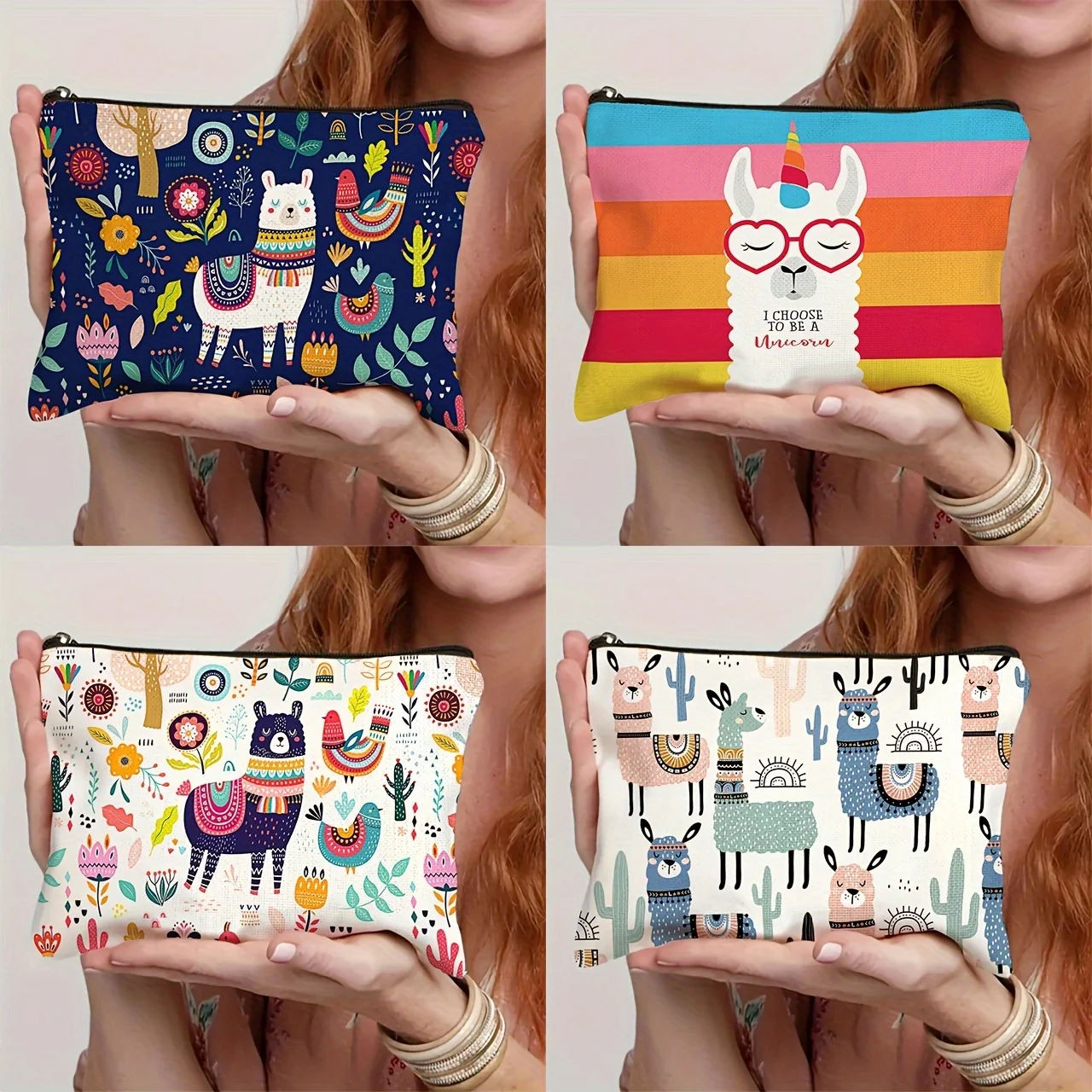 

1pc Whimsical Animal Print Makeup Bag - Large Capacity Travel Cosmetic Organizer with Zipper Closure, Cute Llama & Designs