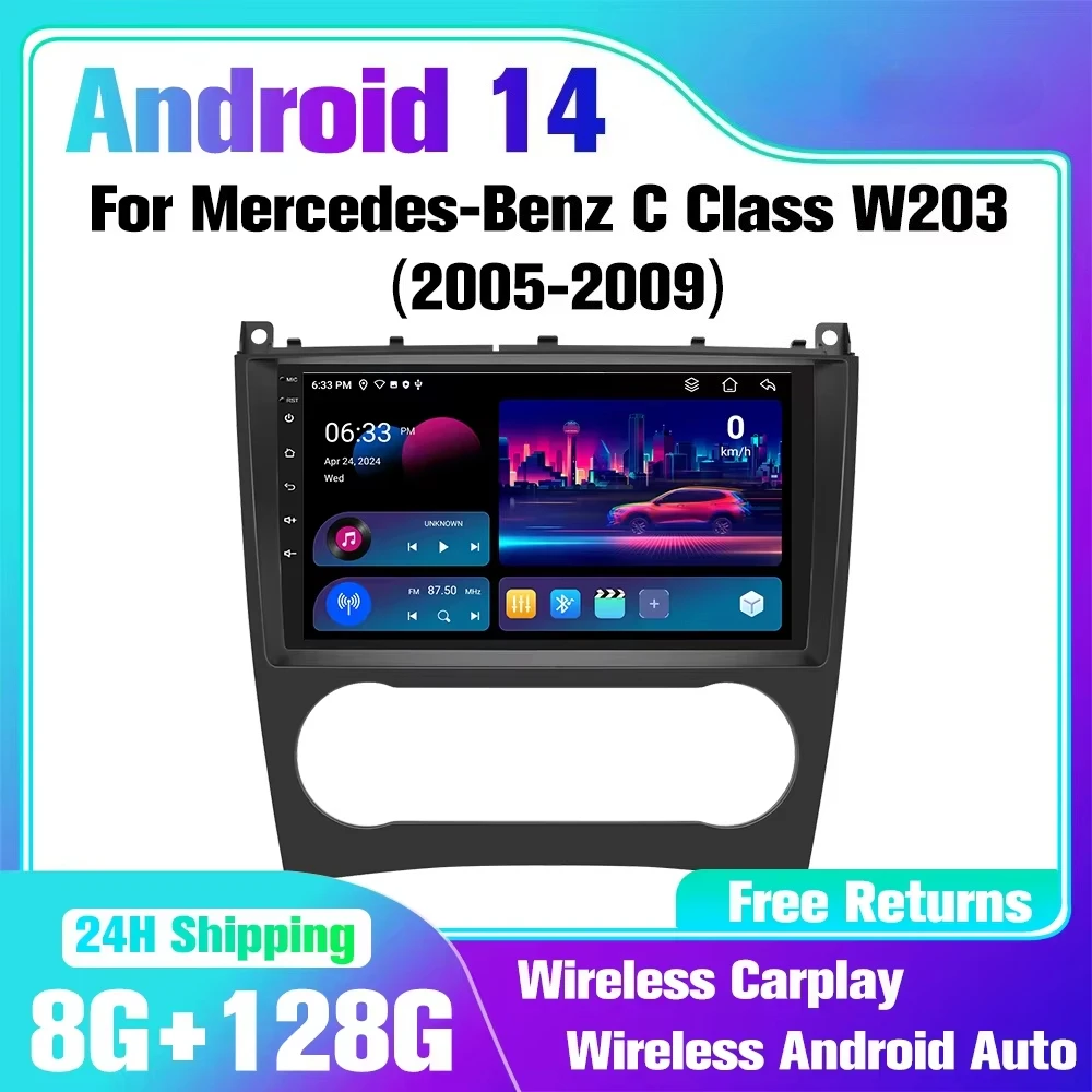 

W203 Auto Radio CarPlay For Benz C Class W203 2005-2009 Car Multimedia GPS navigation 2din Wireless Auto IPS Android 14