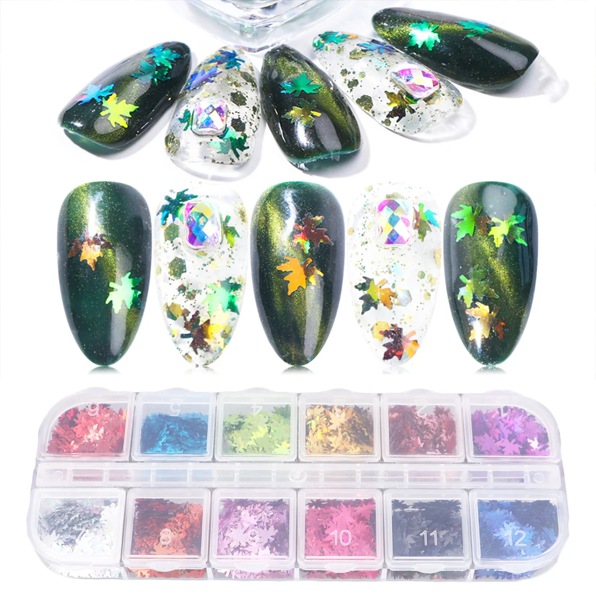 12 pezzi di paillettes per unghie foglie d'acero adesivi colorati per nail art decalcomanie per manicure decorazioni per feste fai da te decalcomanie per manicure creative