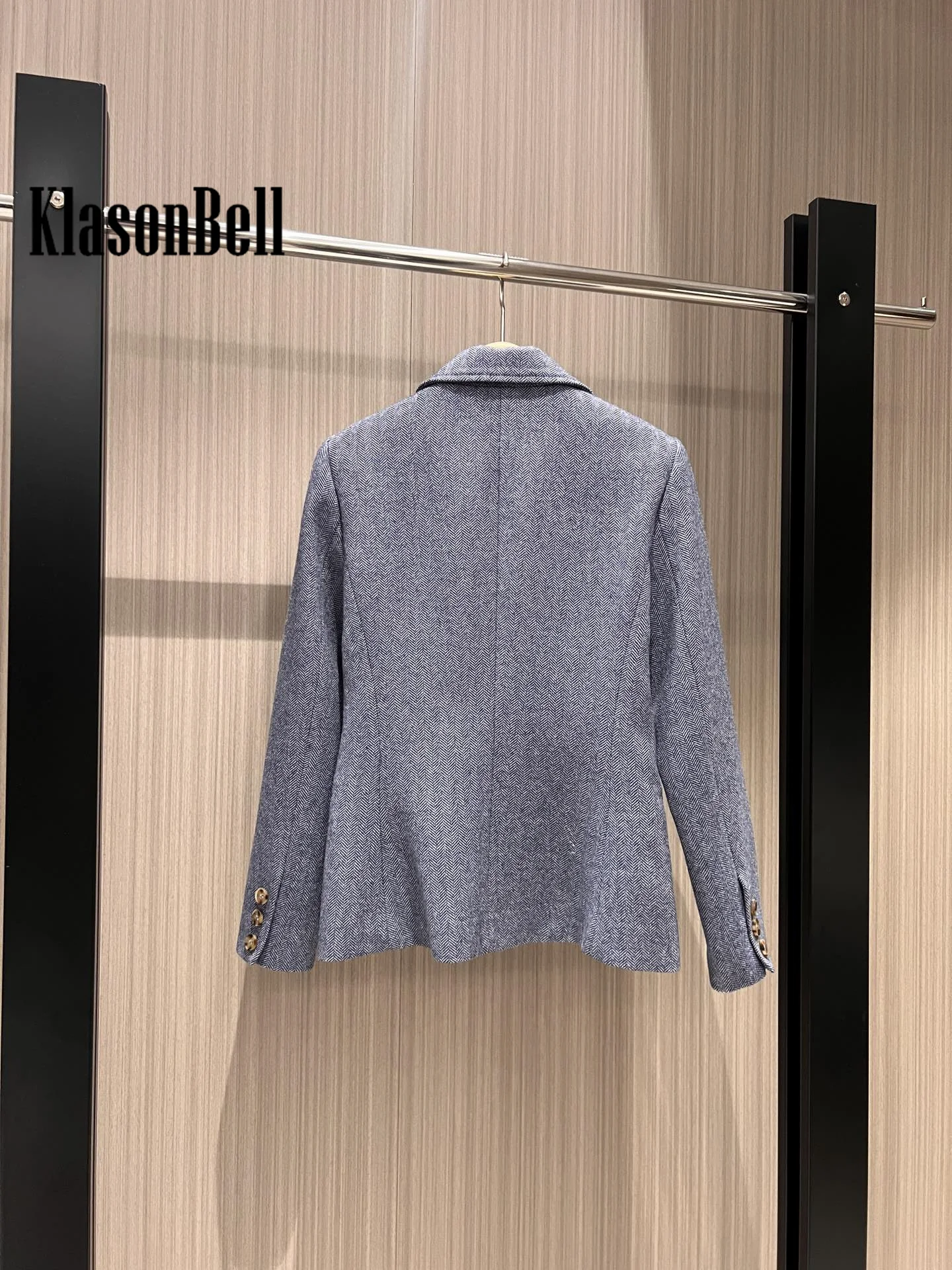 11.20 KlasonBell Noble Elegant Double-Breasted Herringbone รูปแบบขนสัตว์ Blazer สามกระเป๋าออกแบบปก Slim Jacket ผู้หญิง