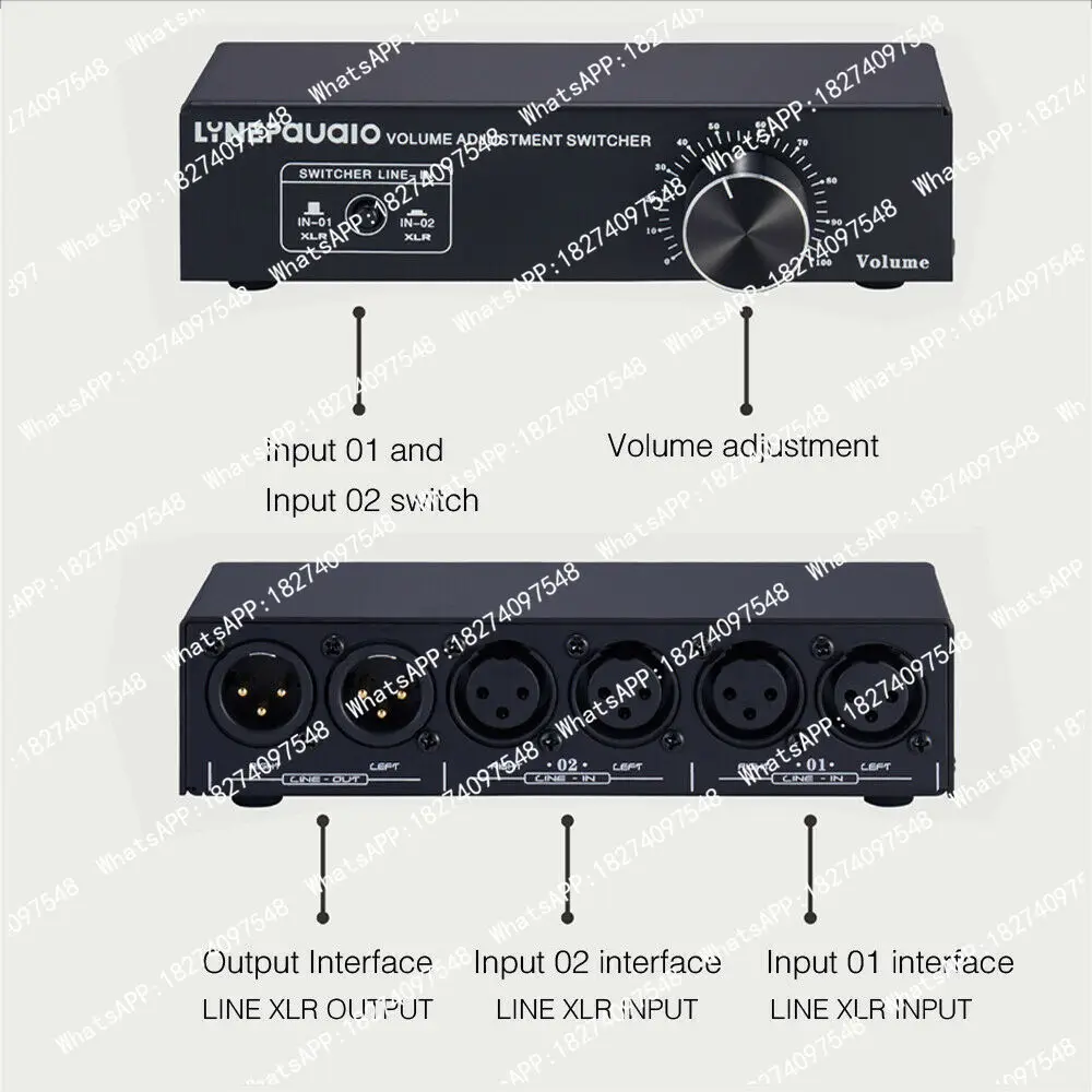 2-IN-1-OUT Analog Audio Switcher Box XLR /RCA with Volume Control Passive Preamp