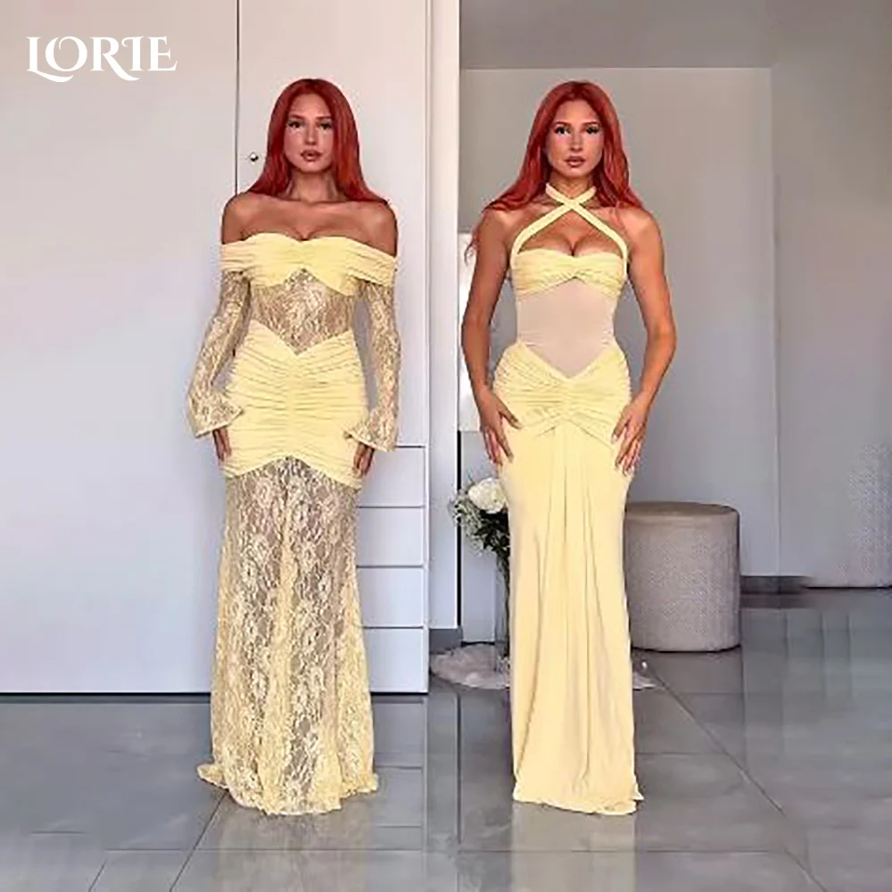 

LORIE Shawl Crepe Mermaid Evening Dress Sexy Lace Appliques Illusion Prom Dress Corset Train Floor Length Party Gown Customized