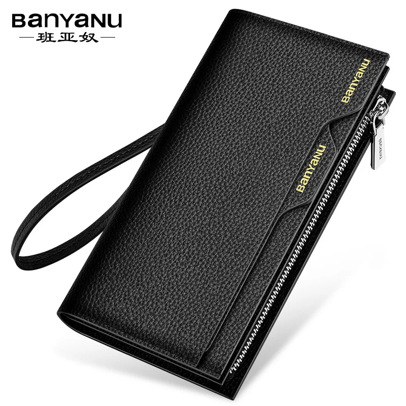 Business Men Wallets Genuine Leather RFID Blocking Credit Card Holder Large Capacity Clutch Bag Mobile Phone Bag Wallet For Men