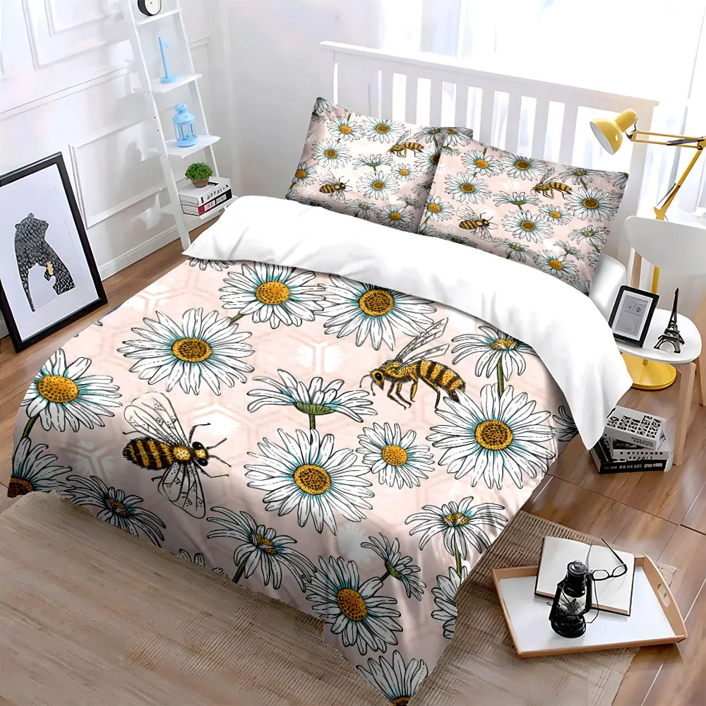 Elegant pattern of bees and daisies Duvet Cover Set Digital Print Colorful Polyester Bedding with Zipper Closur for kids gifts