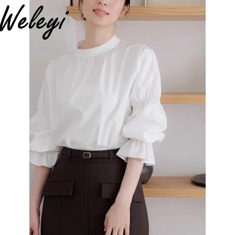 Japanese Style Elegant Pullover Blouse Female 2024 Spring and Summer New Women Horn Cuffs Long Sleeve Shirts Blusas Mujer Tops