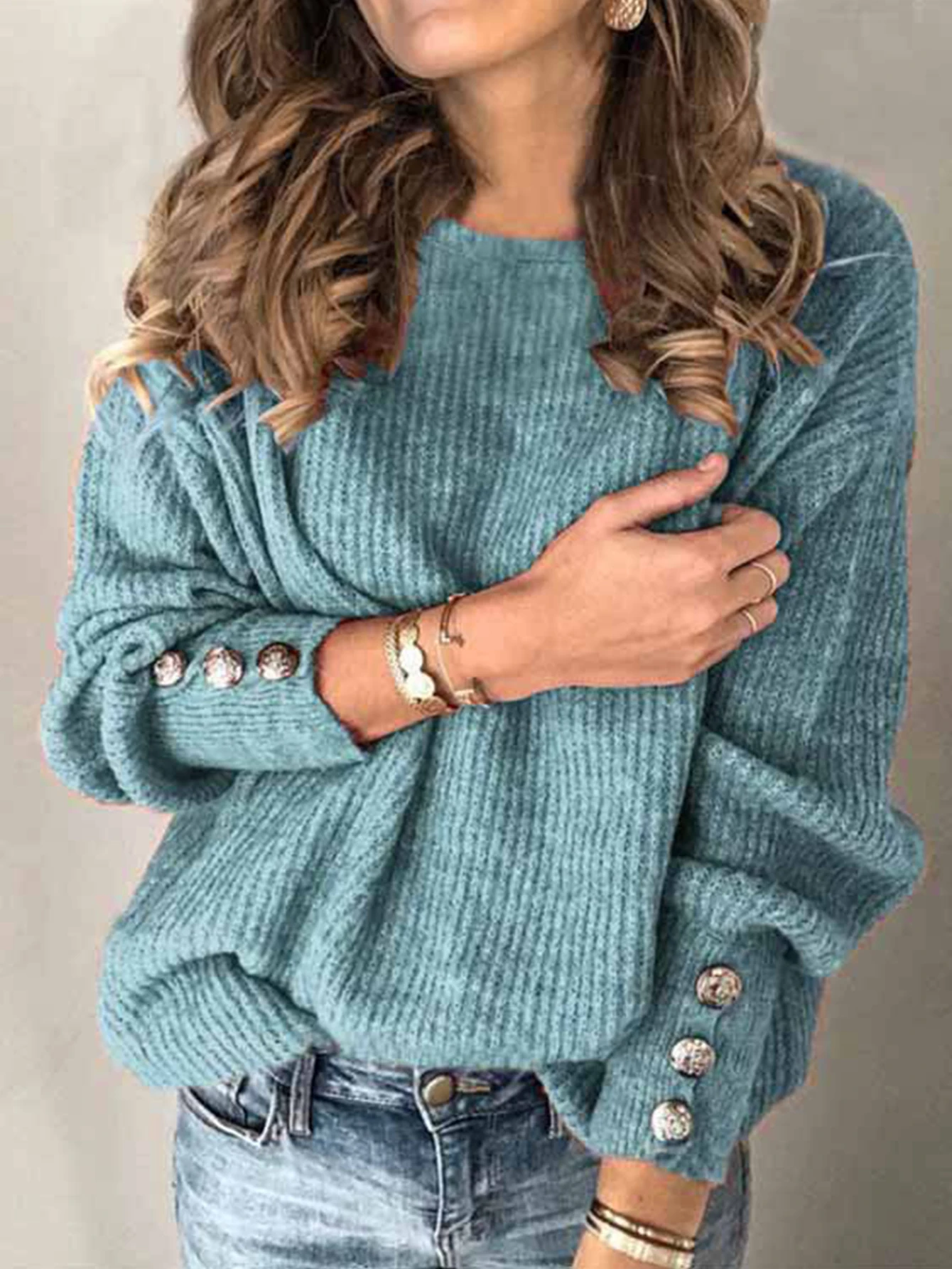 

Women's Autumn Casual Fashion T-Shirts Button Detail Solid Color Cuff Sleeve Crew Neck Daily Tees