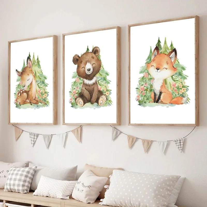 Fox Rabbit Owl Deer Bear Raccoon Wall Art Aesthetics Print Canvas Painting Posters for Living Room Modern Home Decor