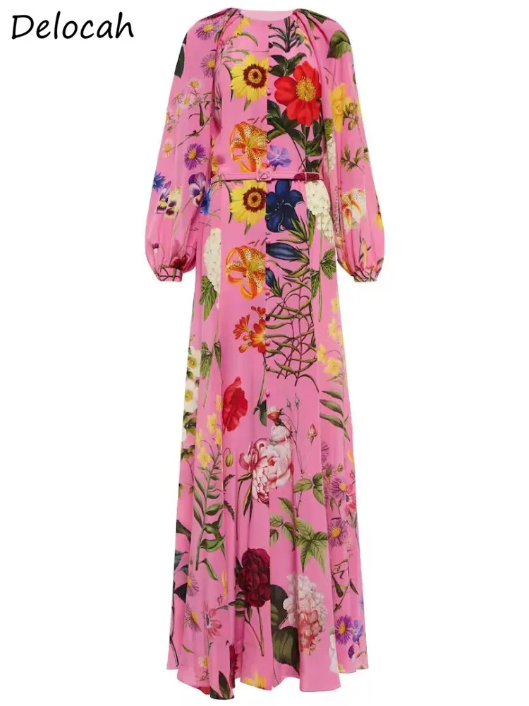 Delocah High Quality Spring Women Fashion Runway Holiday Maxi Dress With Belt Lantern  Long Sleeve Flower Printed Long Dresses