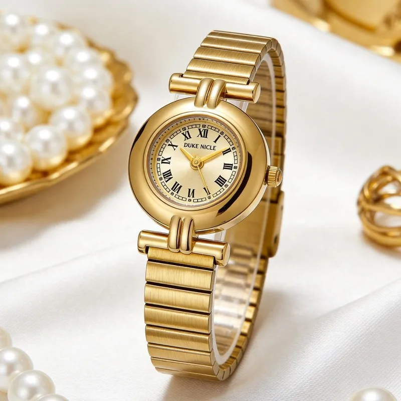 French Retro Gold Small Dial Women's Watches Fashion Elegant Exquisite Compact Quartz Wristwatch With Roman Scale Dial For Lady