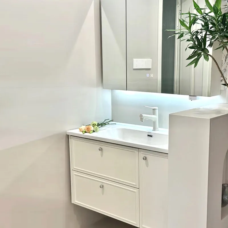 

Комплект мебели для ванной из массива дерева, тумба под раковину, зеркальный шкаф с интегрированной керамической раковиной