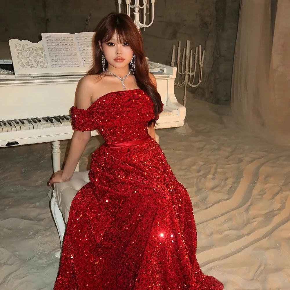 

Customized Red Off the Shoulder Simple Evening Dress Sparkly Sequined Sleeveless Party Dress A-line Backless Floor Length Gown