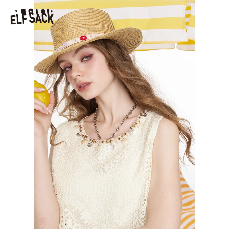 ELFSACK 2025 Summer New Arrivals Lace Hollowed Out Sleeveless Chiffon Shirt For Women